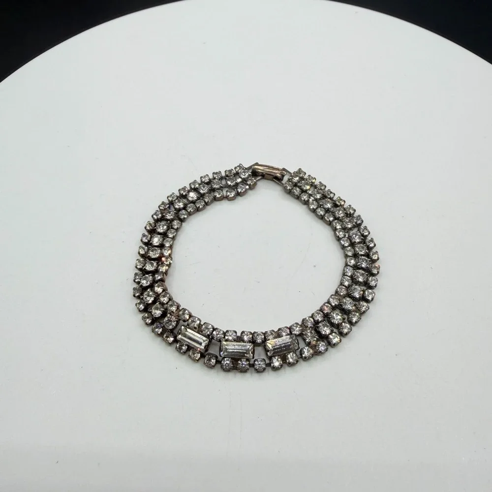 Clear Rhinestone Silver Tone Multi Row Bracelet Baguette Statement Bridal Gift